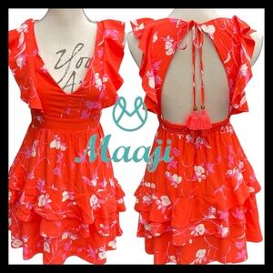 Maaji Coral Red Floral Deep V Neck Ruffle Layered Open Back Dress (XS/S)